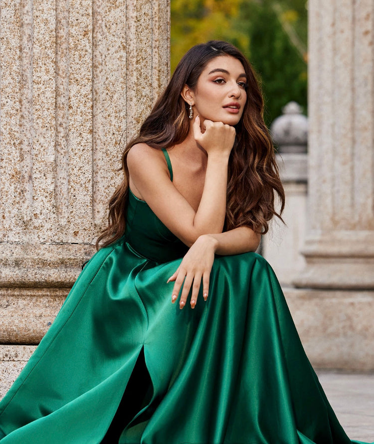 A-line Satin Prom Dress Sweetheart Floor-Length with Pockets Split - Yembifashion