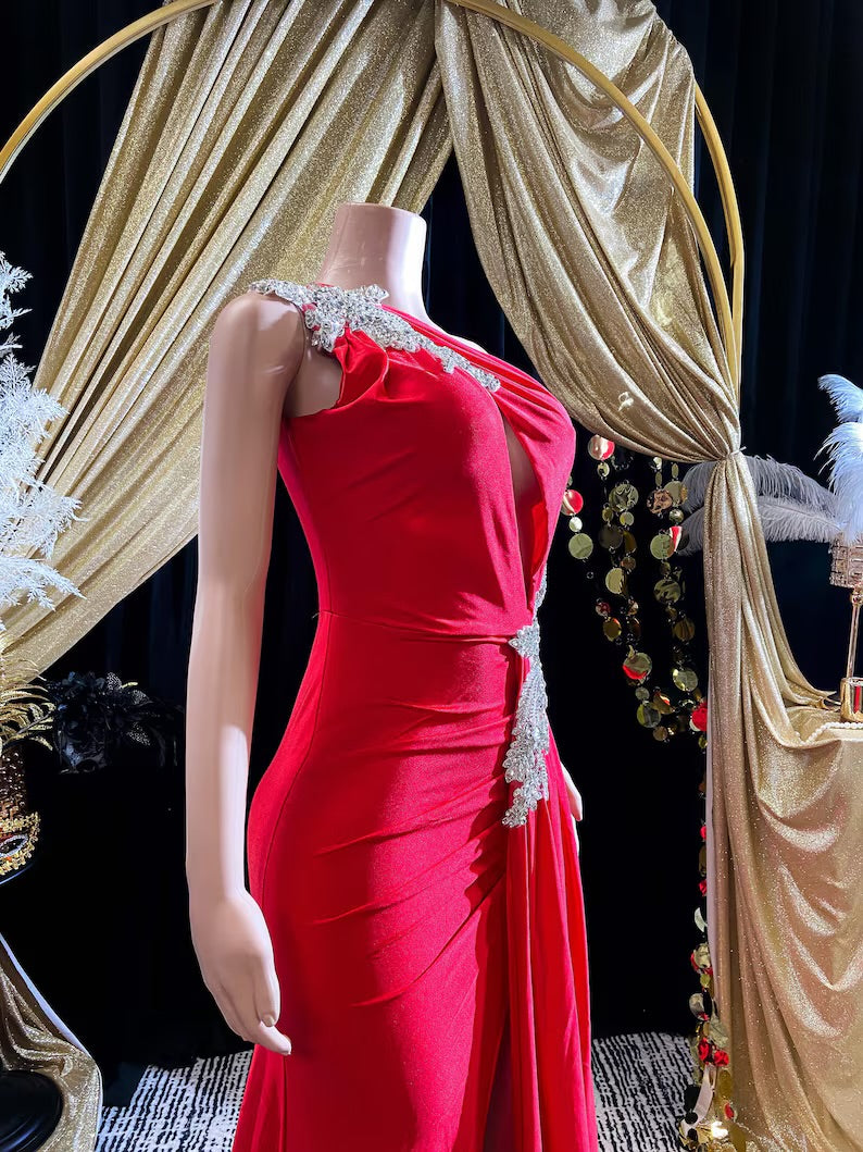 Red Mermaid Dress –Red Crystal Rhinestone Appliqué Birthday Dress