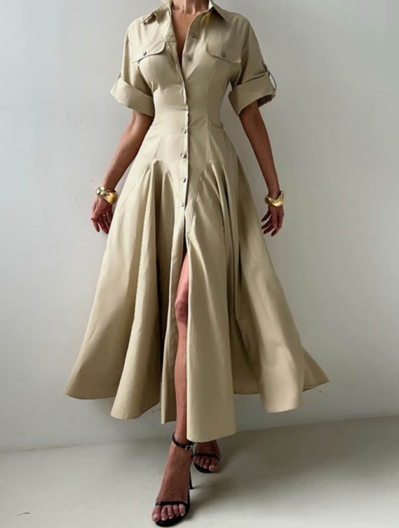 Short Sleeves Buttoned Solid Color Lapel Maxi Dresse