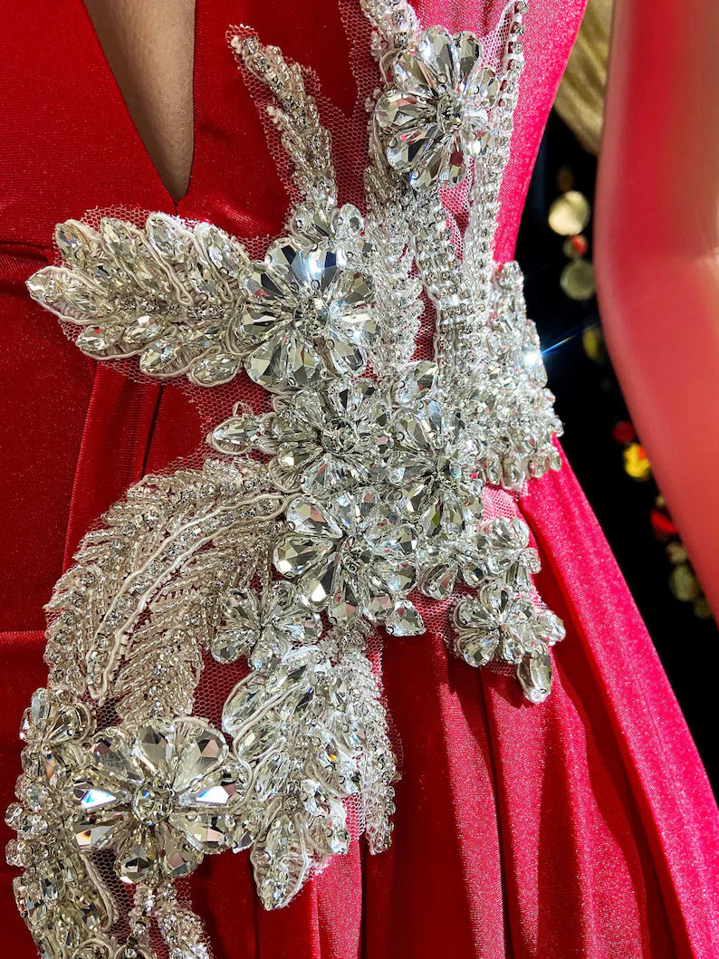 Red Mermaid Dress –Red Crystal Rhinestone Appliqué Birthday Dress
