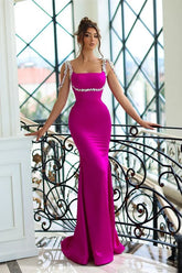 Hot Pink Square Mermaid Evening Dress Long With Crystal - Yembifashion