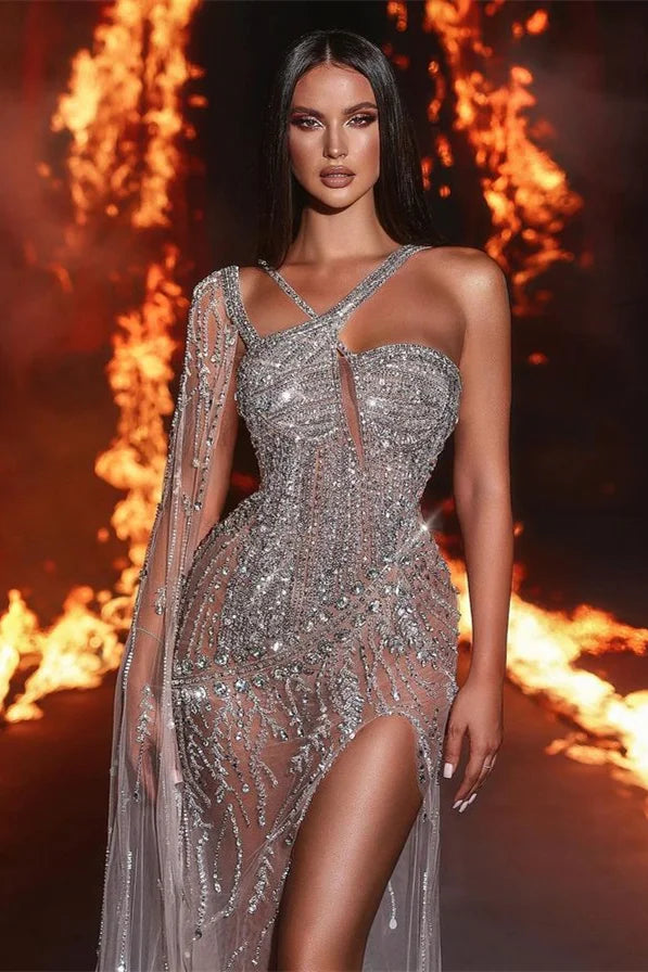 Glamorous rhinestone dress with intricate bead work, ideal for prom or special events, showcasing a sophisticated and elegant design