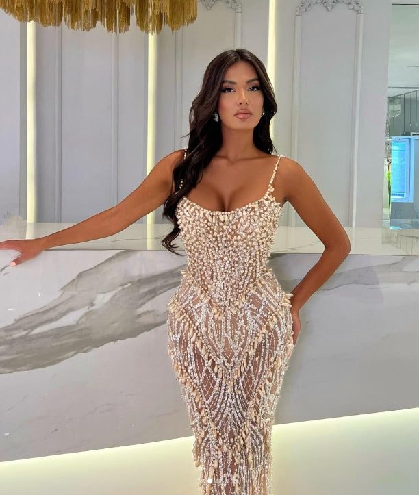 Spaghetti-Straps Sleeveless Prom Dress Mermaid With Beadings Pearls Online - Yembifashion