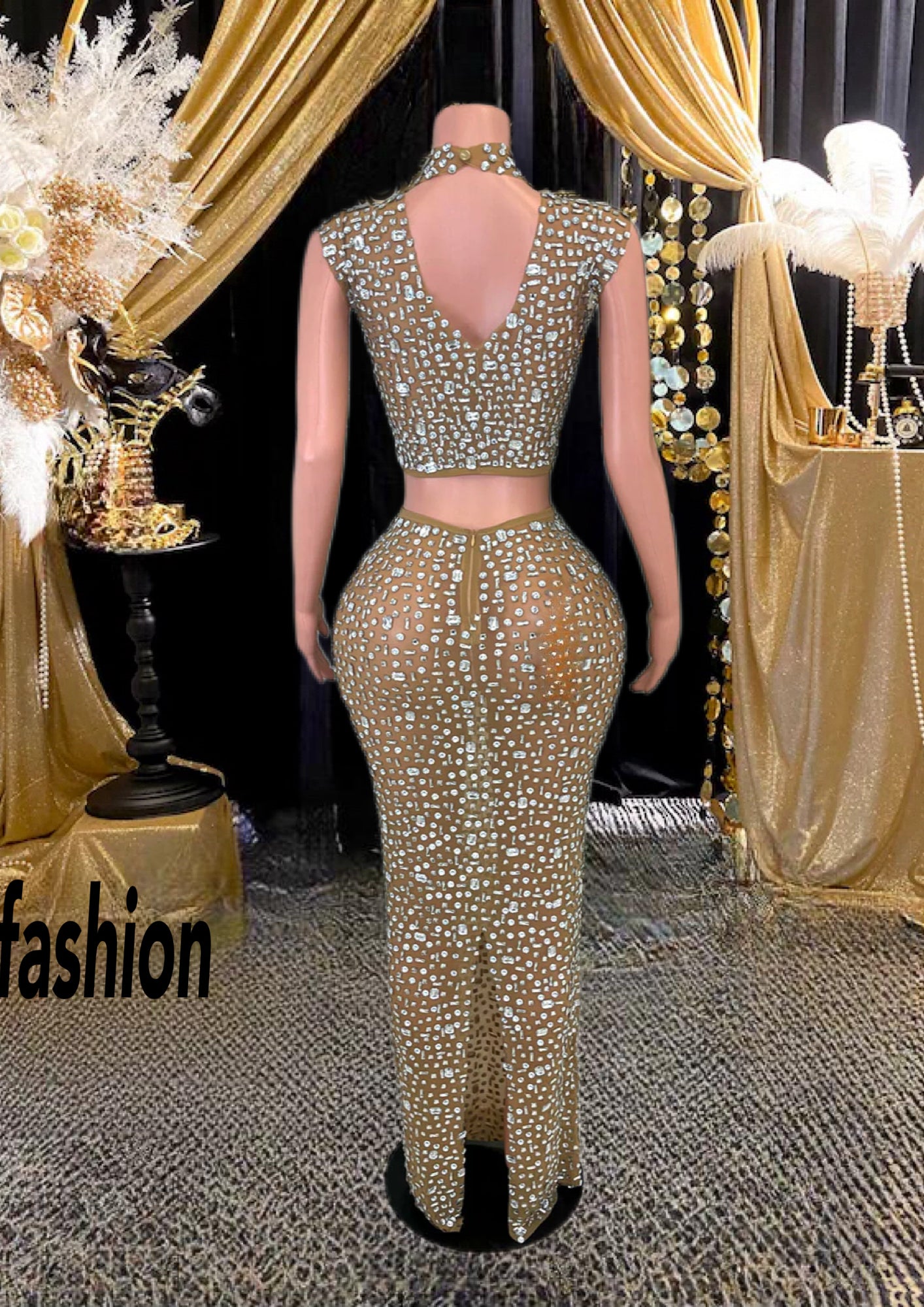 A floor-length Ester Skirt Set featuring sparkling rhinestones, perfect for formal events and elegant occasions.