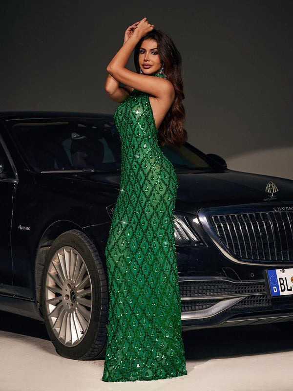 Laura Sequin Crystal Maxi Dress In Green