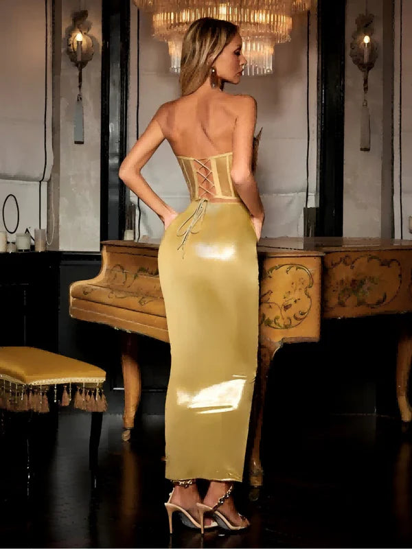 Amazon Strapless Metallic Midi Dress In Gold