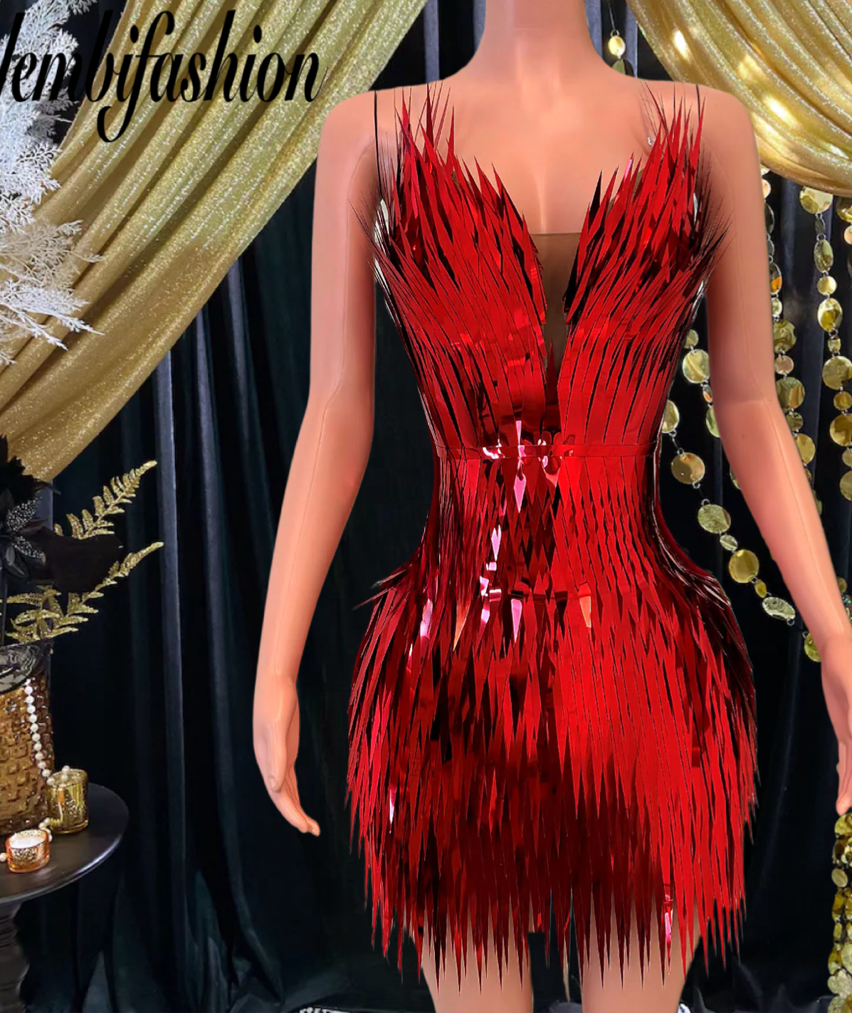 Front view of IF RED MINI DRESS with metallic sheen and feather detailing.