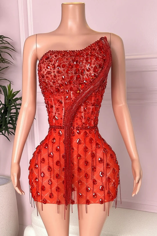 Red One-Shoulder Gemstone Mini Dress