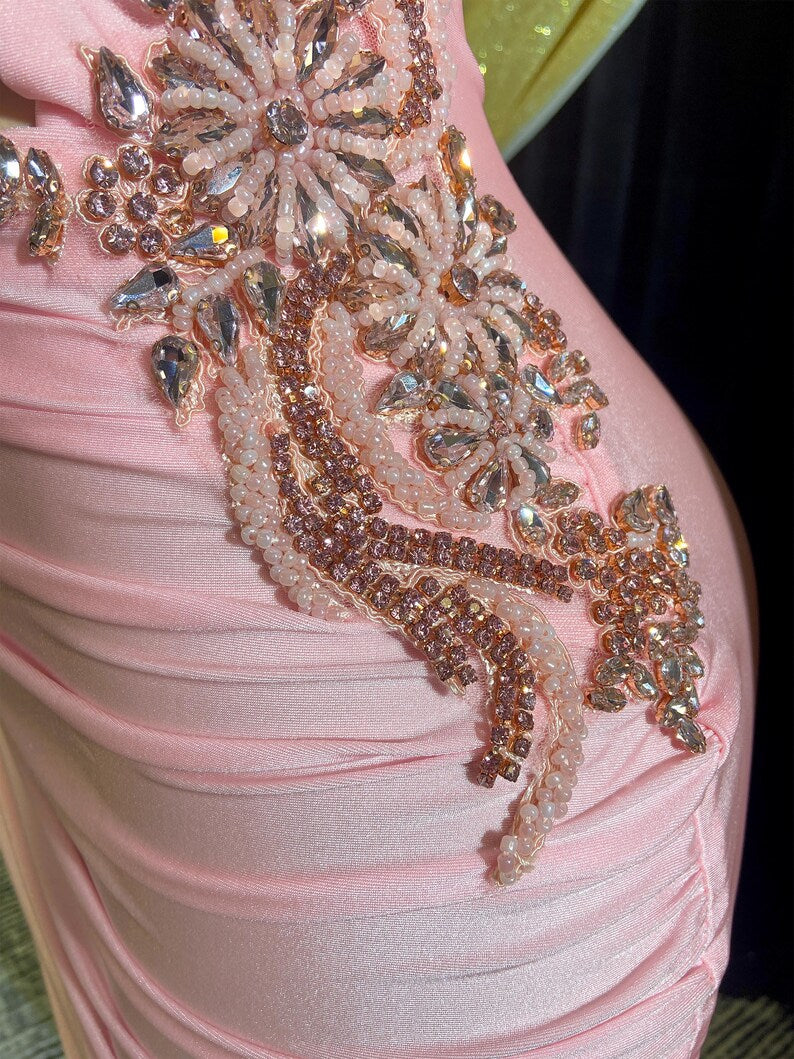 Chloe Mini Pink Dress with embellished accents and sparkling crystal details.