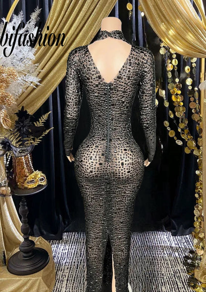 Rhinestone Black Dress - Evening Long Sleeve Dress