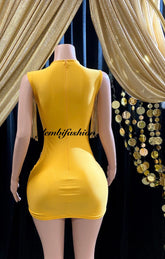 Eve Embellished Mini Dress in Gold with intricate rhinestone detailing, perfect for glamorous events and special occasions."