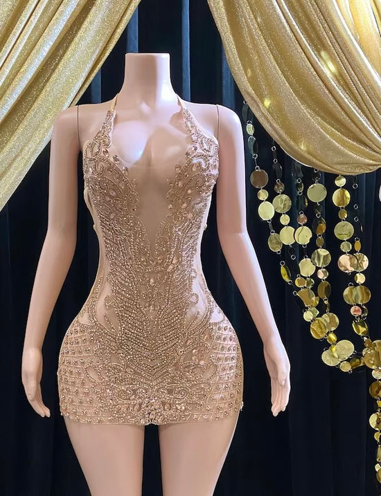 Gold Rhinestone- A-Line Mini Dress