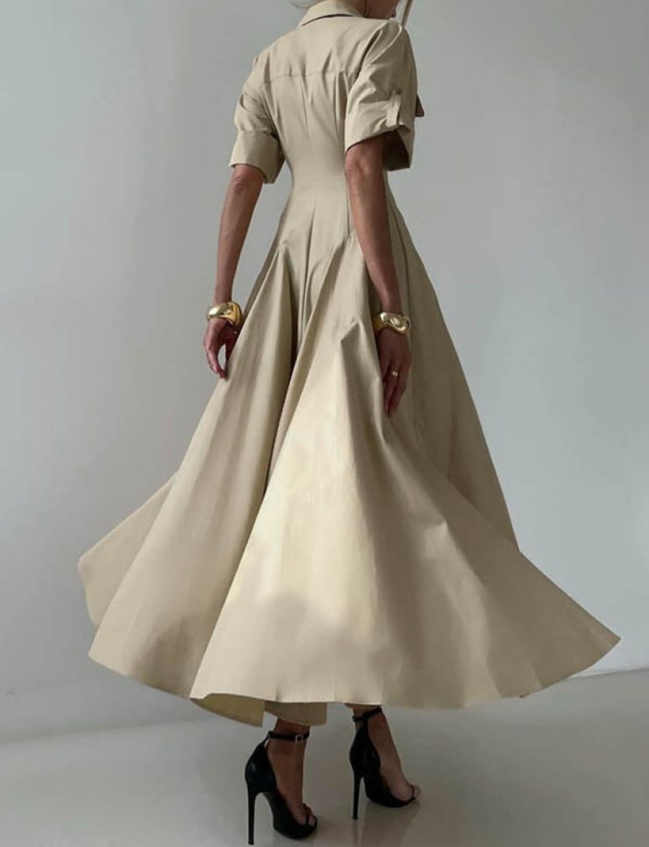 Collared cotton A-line maxi shirt dress