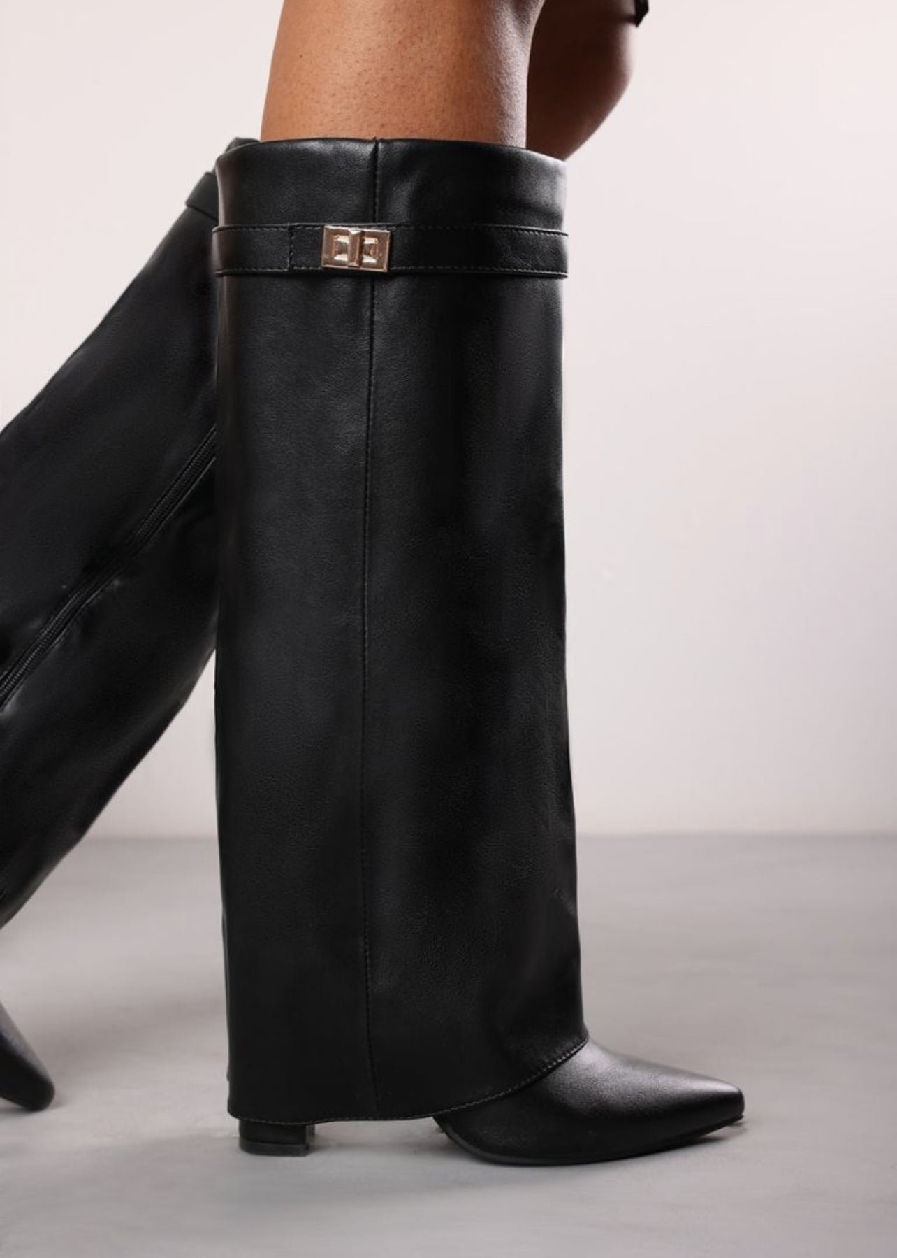 High Block Heel Boots in Black Faux Leather