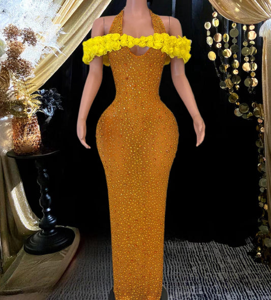 Yellow Diamante Long Dress