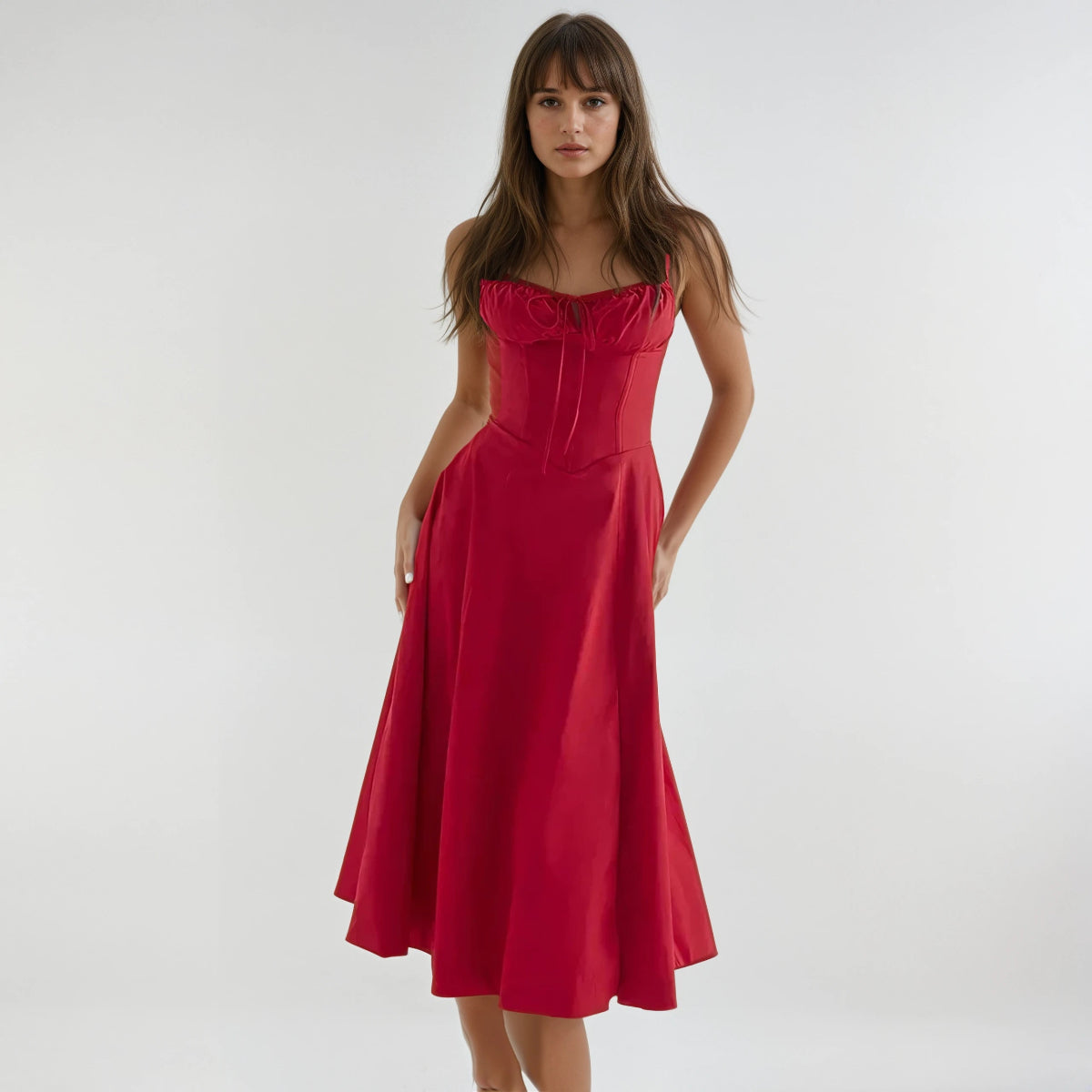 French style lace-up A-line maxi dress – elegant high waist long dress”