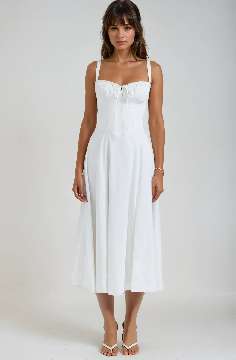 French style lace-up A-line maxi dress – elegant high waist long dress”