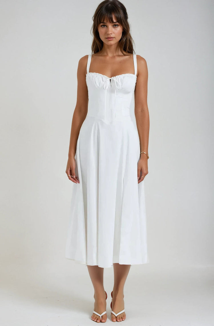 French style lace-up A-line maxi dress – elegant high waist long dress”