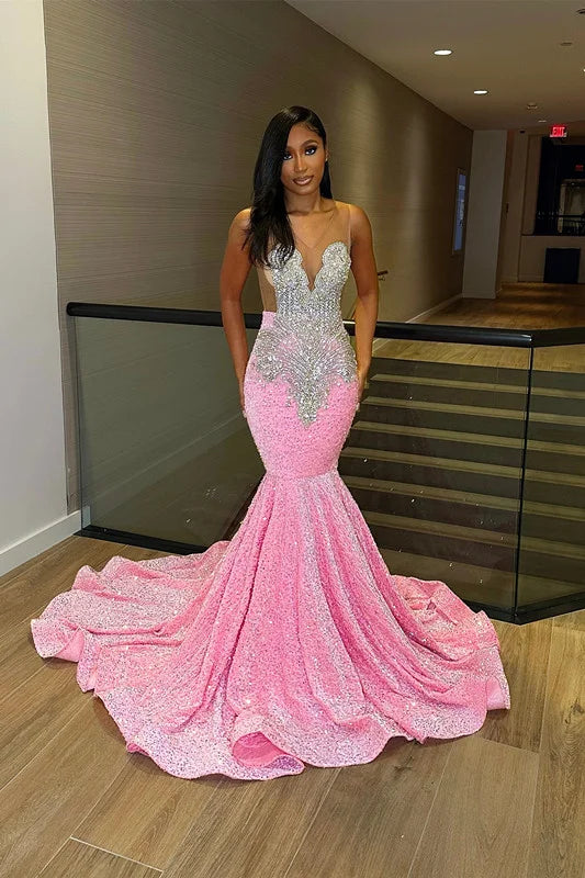 Pink Sequins V-Neck Prom Dress Sleeveless With Crystals - Yembifashion 
