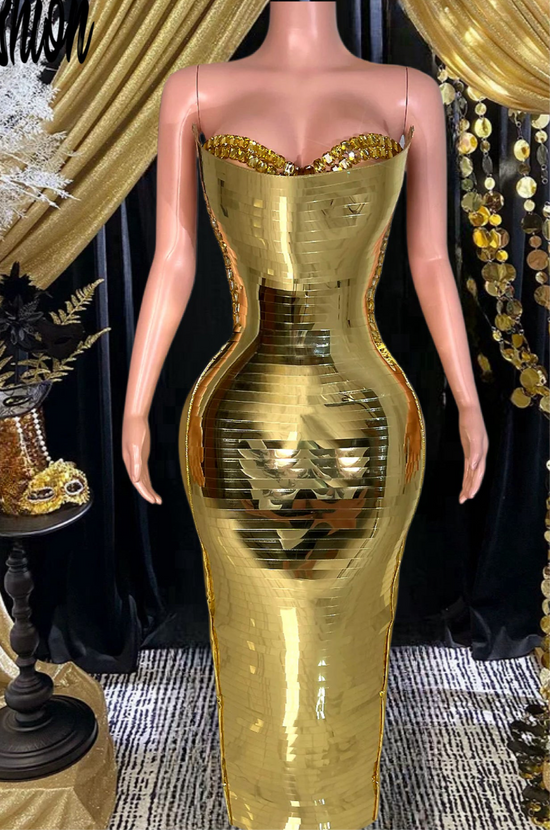 Amazon Strapless Metallic Midi Dress In Gold