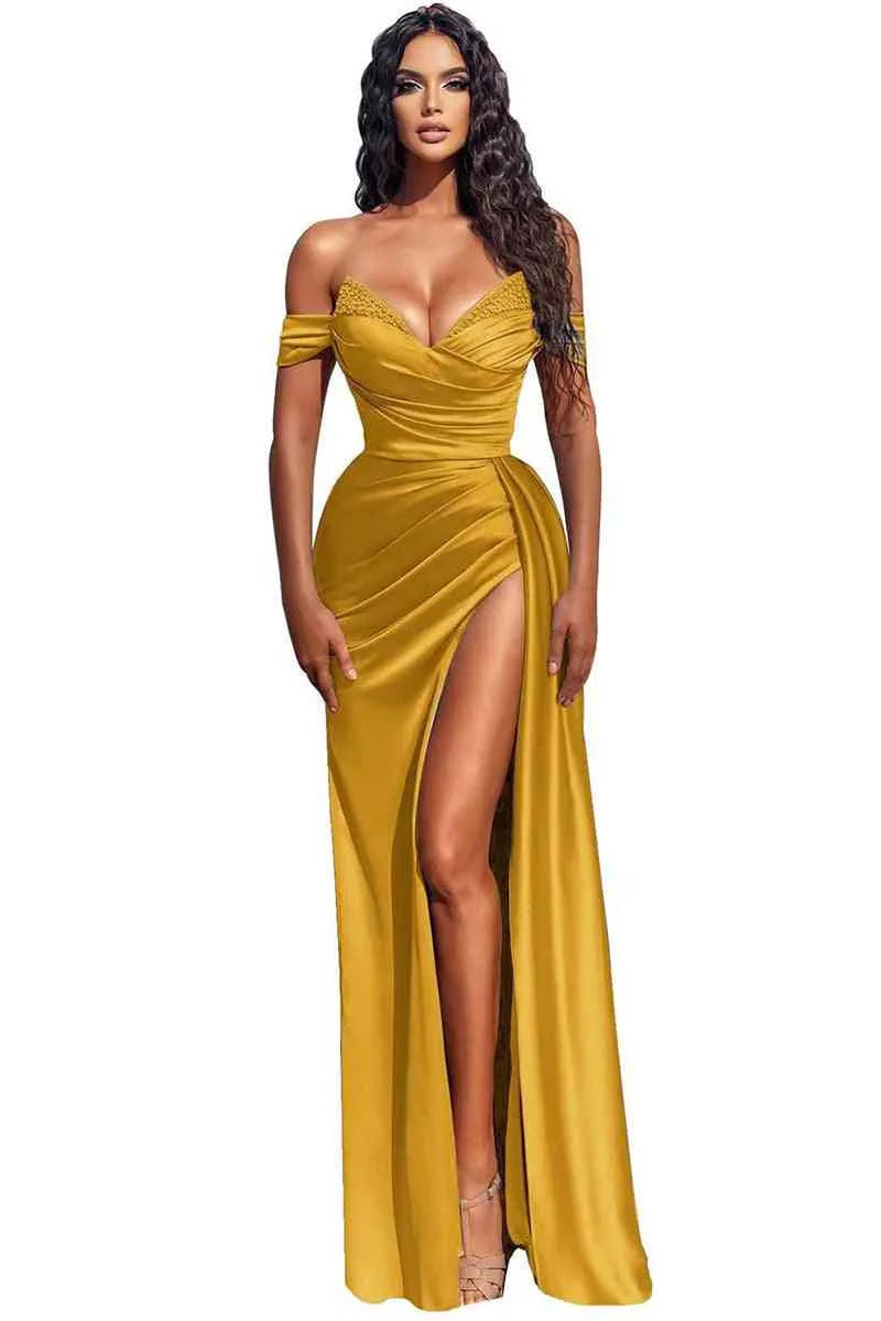 Off-the-Shoulder Dusty Blue Mermaid Prom Dress With Slit - Yembifashion 