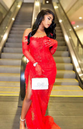 A glamorous red lace long dress with intricate details, designed as a versatile set dress for formal occasions.