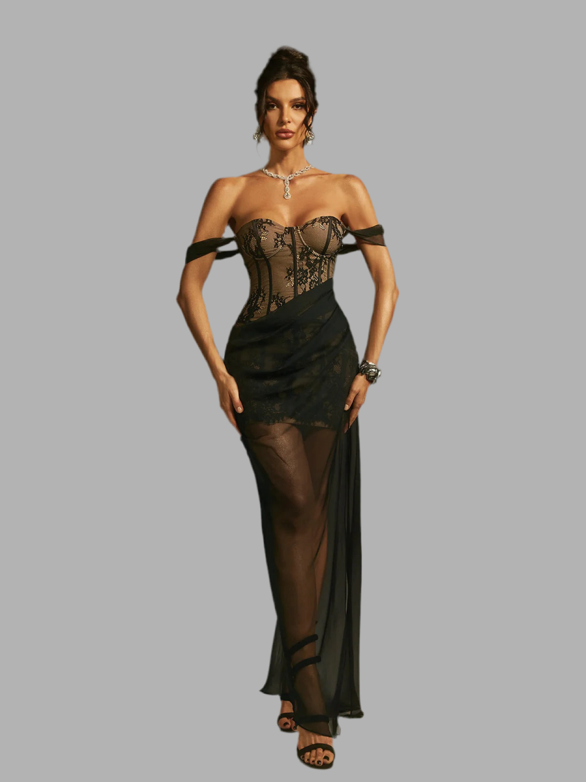 Katy off shoulder lace and mesh maxi dress