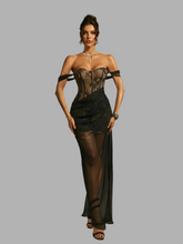 Katy off shoulder lace and mesh maxi dress