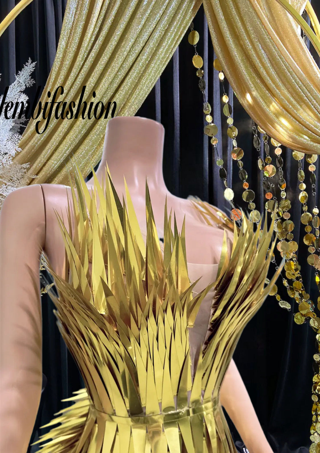 Gold side slit dress with metallic feathers, luxury evening wear