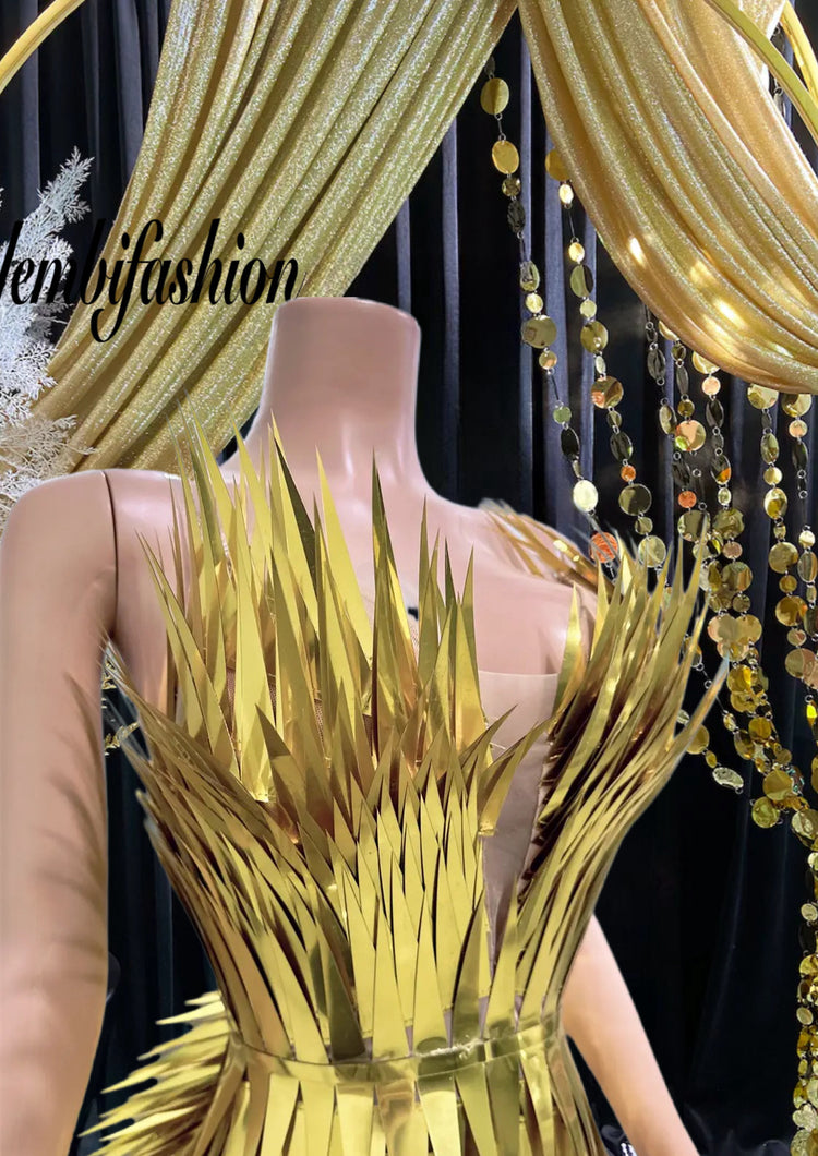 Gold side slit dress with metallic feathers, luxury evening wear