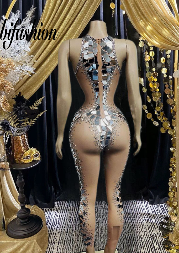  Silver bodysuit with mirror accents, sleek and reflective design for parties or festivals.