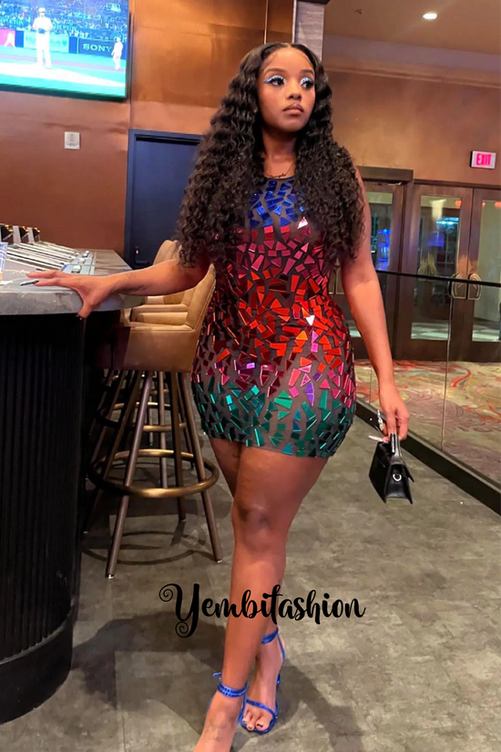 Rainbow Mirror Dress with reflective mirror accents in a mini dress style, also available as a petite maxi dress.