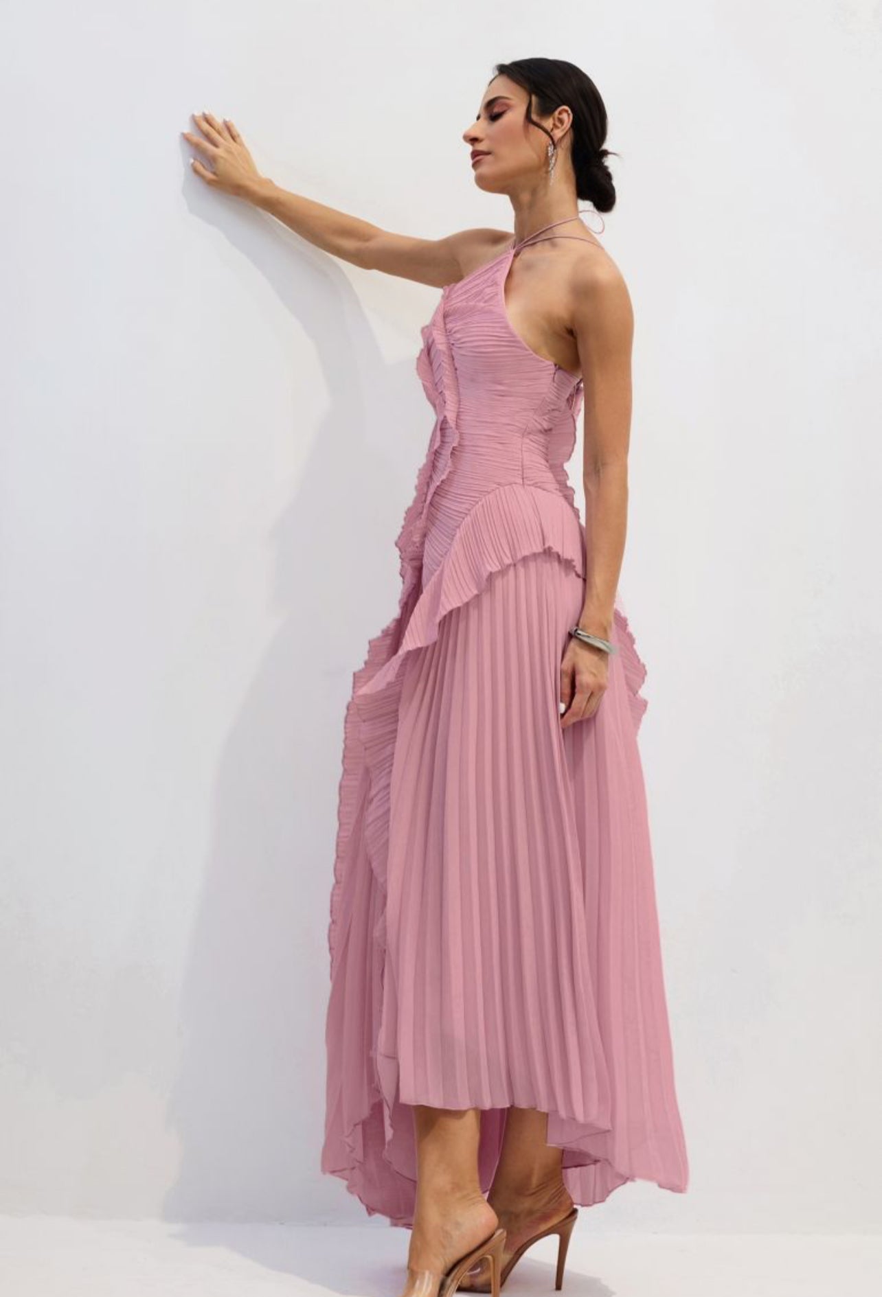 Pink Asymmetry Pleated Halterneck Midi Dress