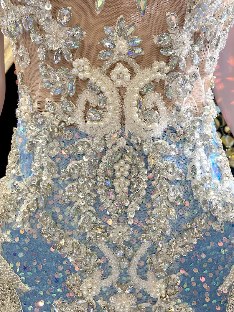 Off Shoulder Sequins Evening Dress with glitter accents, perfect for formal occasions or parties.