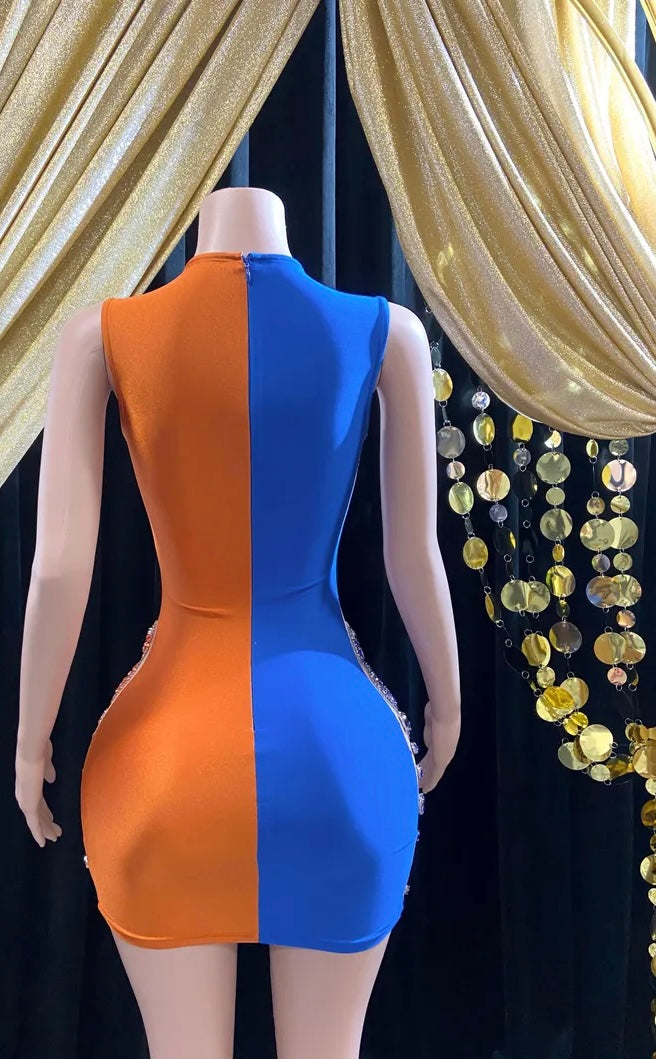 Diamante Dress featuring orange and blue rhinestone details