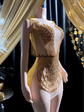 Eve Embellished Mini Dress in Gold with intricate rhinestone detailing, perfect for glamorous events and special occasions."