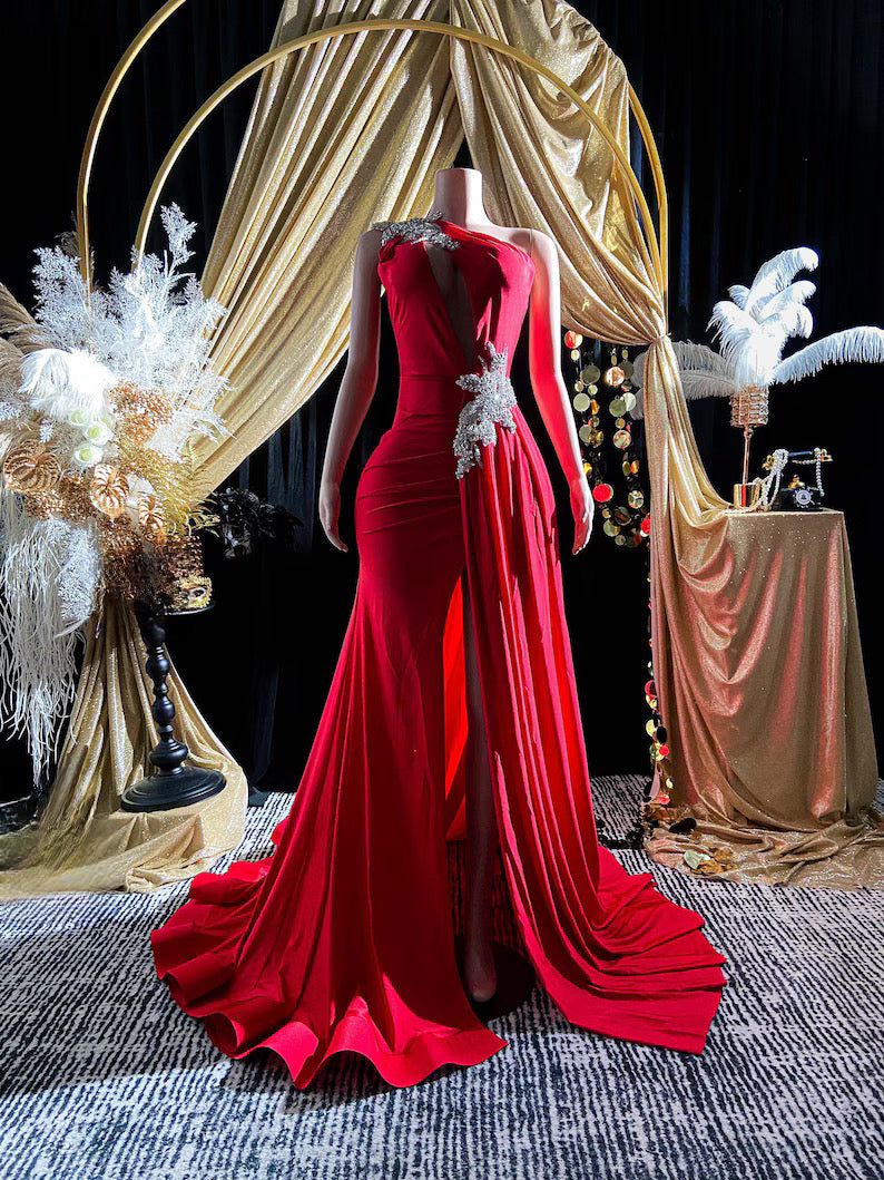 Red Mermaid Dress –Red Crystal Rhinestone Appliqué Birthday Dress