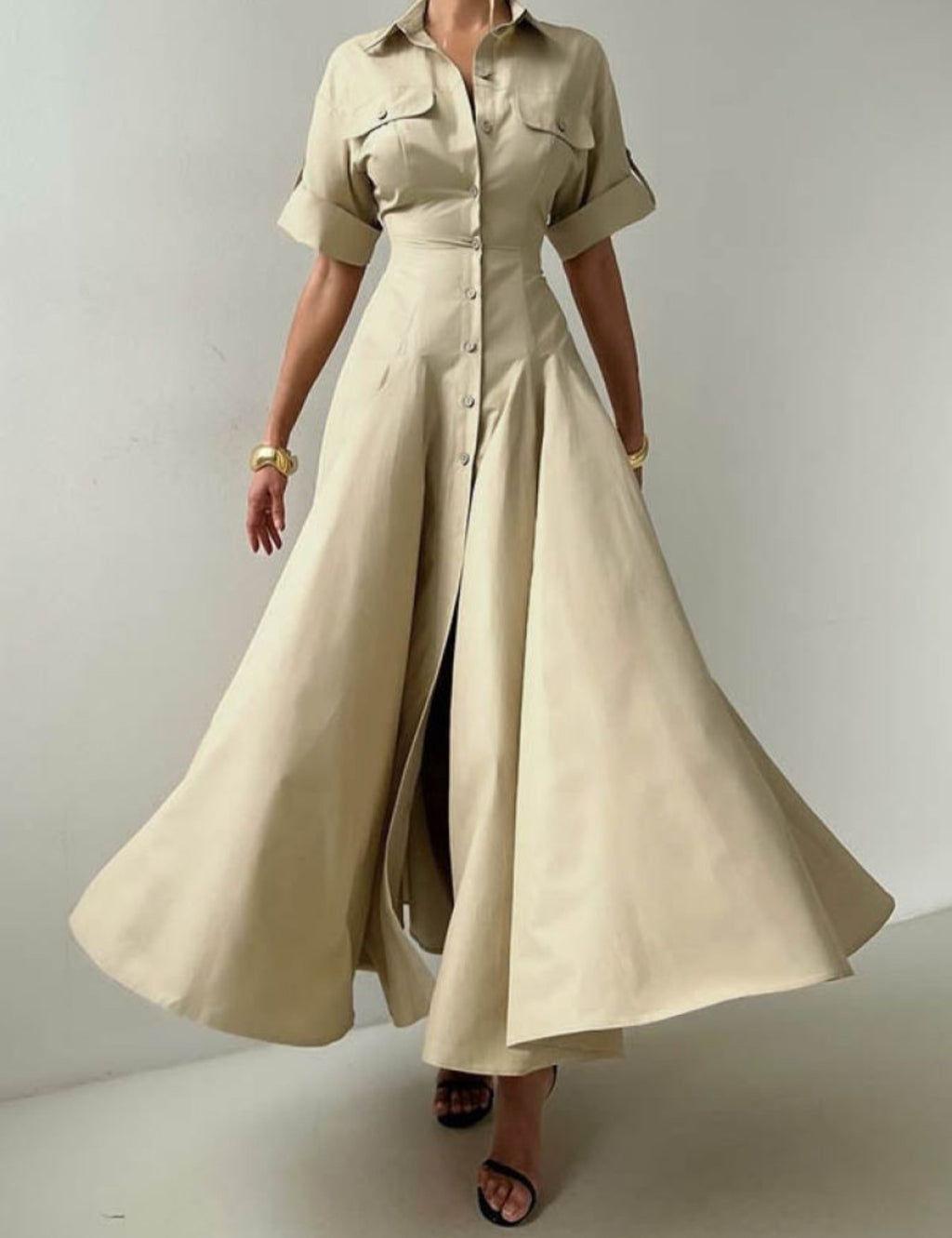 Short Sleeves Buttoned Solid Color Lapel Maxi Dresse