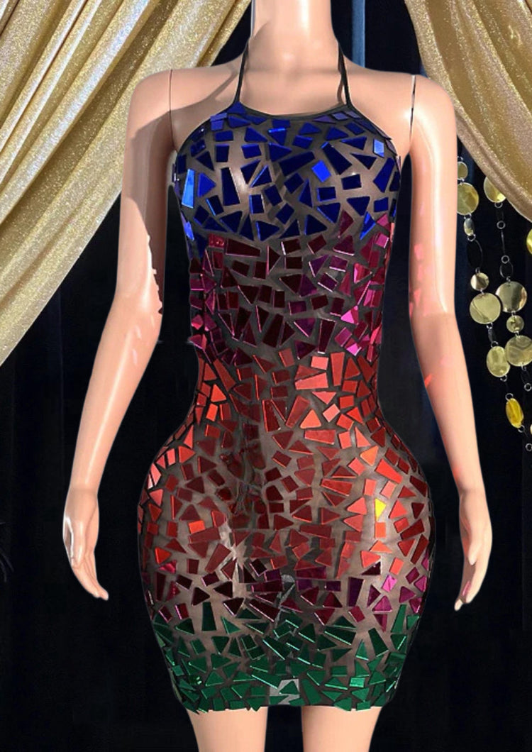 Rainbow Mirror Dress with reflective mirror accents in a mini dress style, also available as a petite maxi dress.