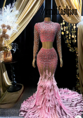 A stunning pink feather set cocktail dress with elegant feather detailing, perfect for formal events and parties.