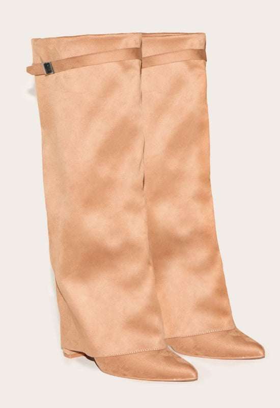 Brown Point Toe knee Block Heels Boot