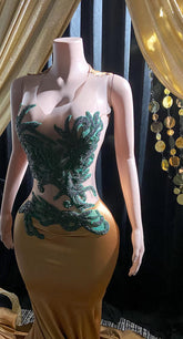 Formal wedding guest dress with rhinestone embellishments, featuring a stunning long design