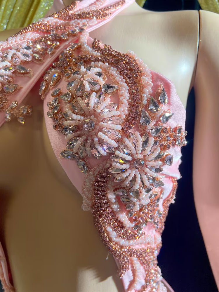 Chloe Mini Pink Dress with embellished accents and sparkling crystal details.