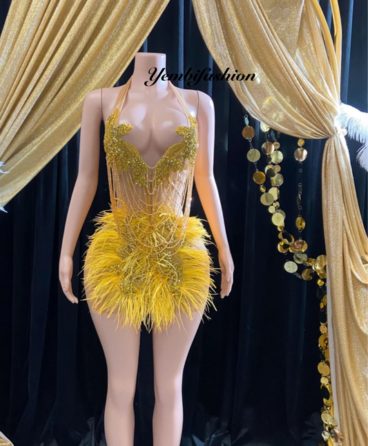 A gold crystal rhinestone birthday party dress with intricate crystal detailing, perfect for glamorous events like birthdays or cocktail parties.