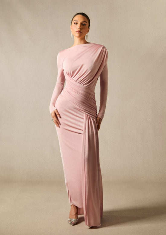 Long Sleeve Boat Neck Maxi Dress – Draped Waist Evening Gown with Side Gather