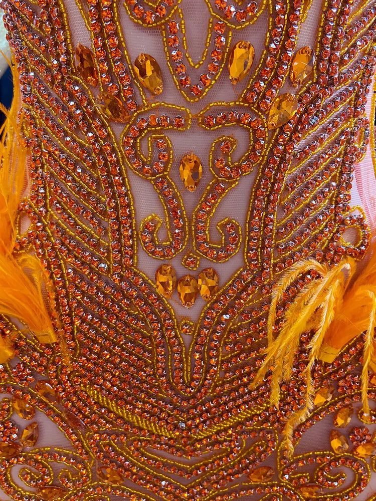 A vibrant Orange Feather Halter Rhinestone Applique Birthday Dress with a halter neckline, feather accents, and sparkling rhinestone applique, ideal for special occasions like birthdays and parties.