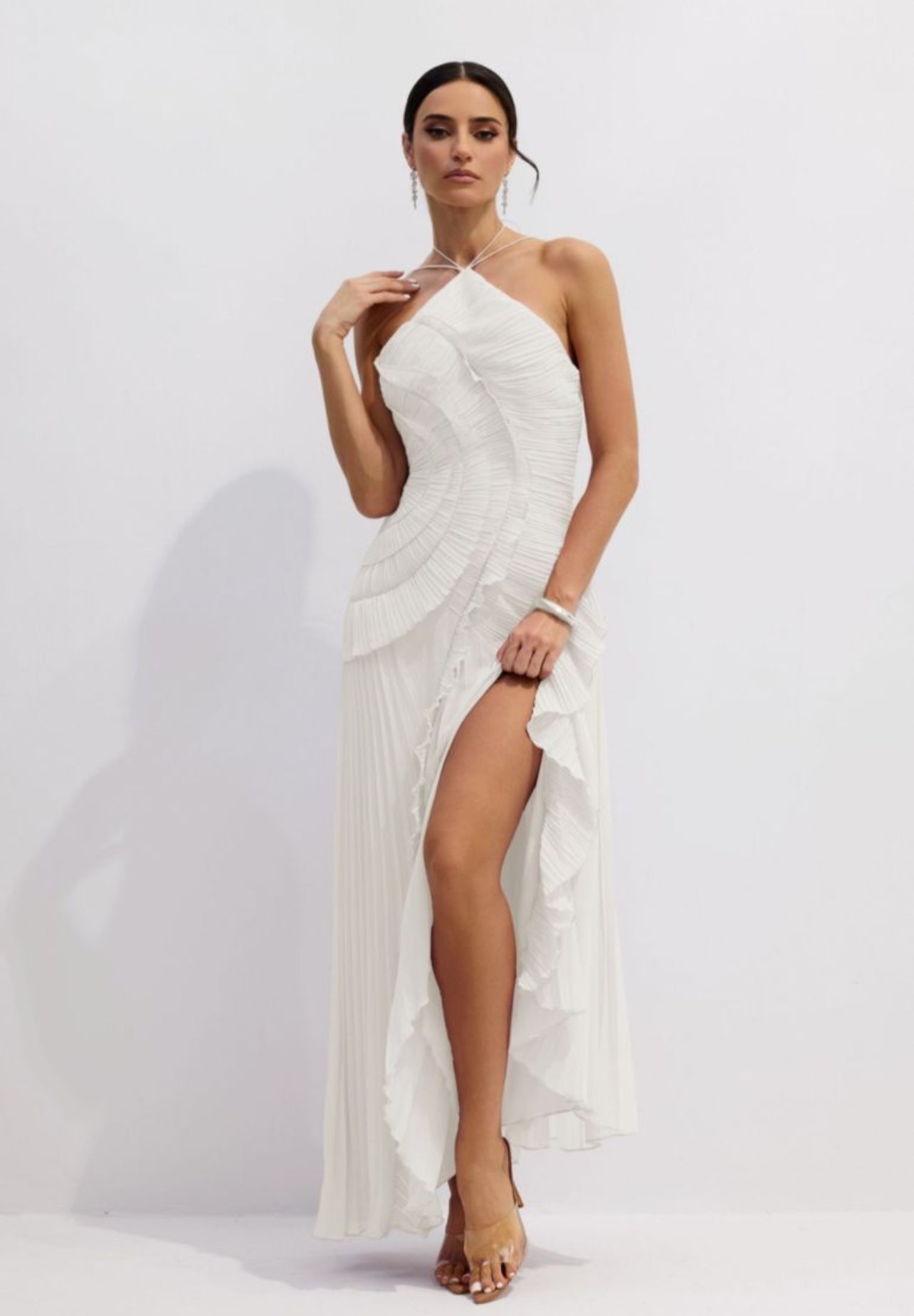 White  Asymmetry Pleated Halterneck Midi Dress