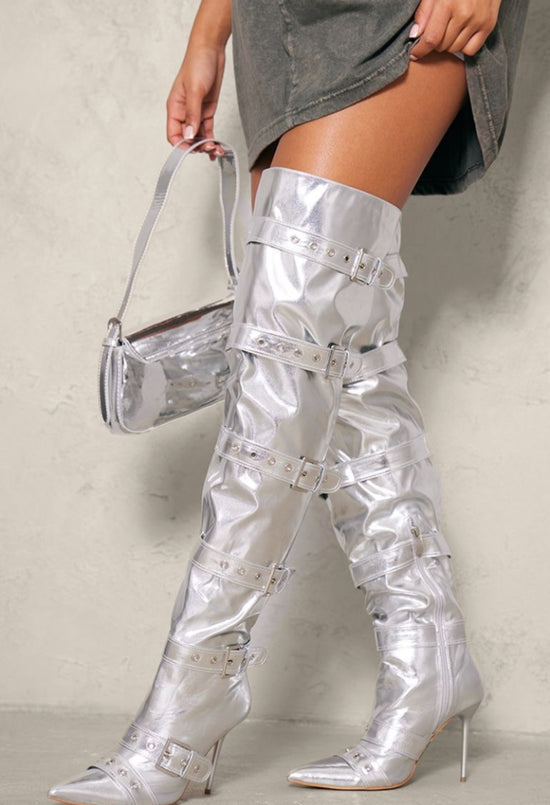 Silver Point Toe knee Block Heels Boot
