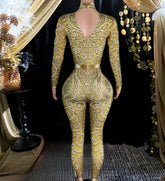 A fashionable gold rhinestone bodysuit with sparkling details, tailored for a flattering, stylish fit