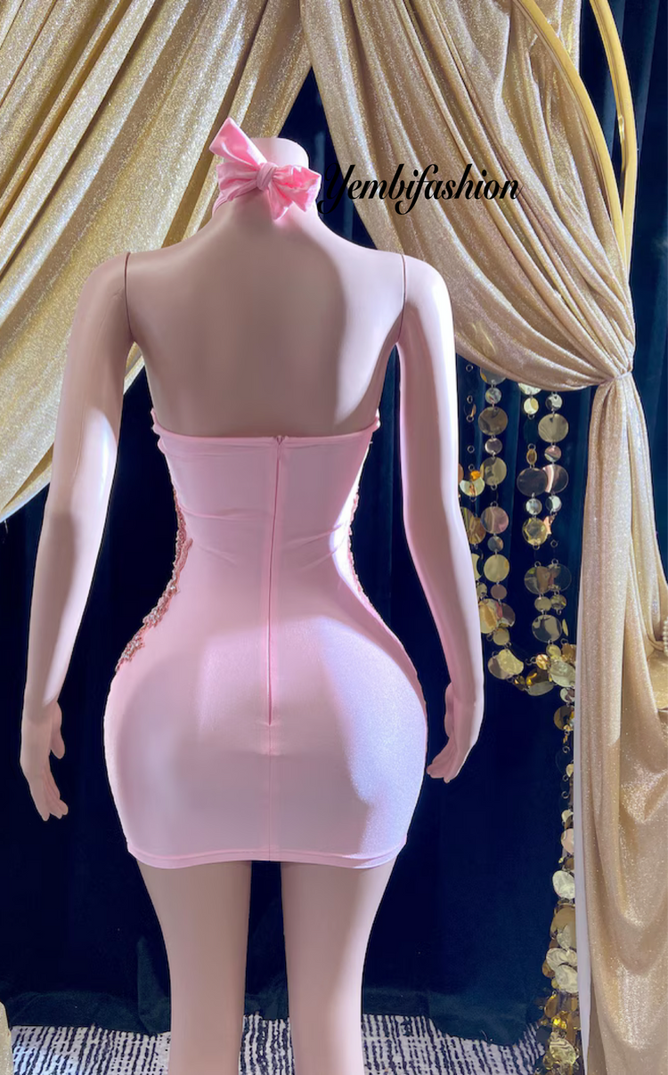 Chloe Mini Pink Dress with embellished accents and sparkling crystal details.